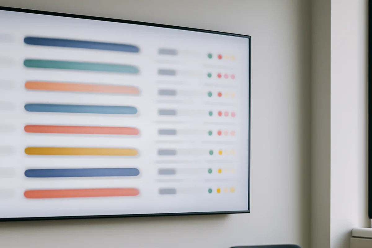 Tableau d'inventaire d'un parc applicatif PHP affiché sur un grand écran avec les versions par application
