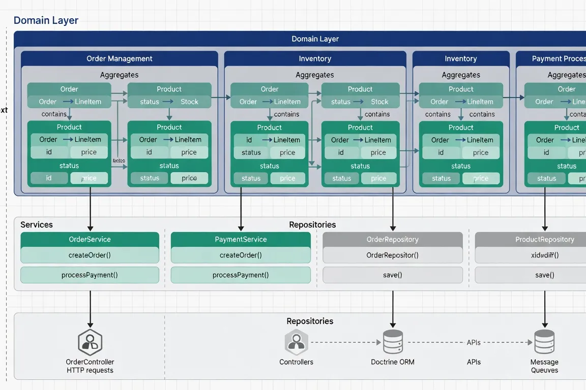 Diagramme d'architecture Domain-Driven Design pour projet Symfony - bounded contexts et agrégats générés avec Claude Code