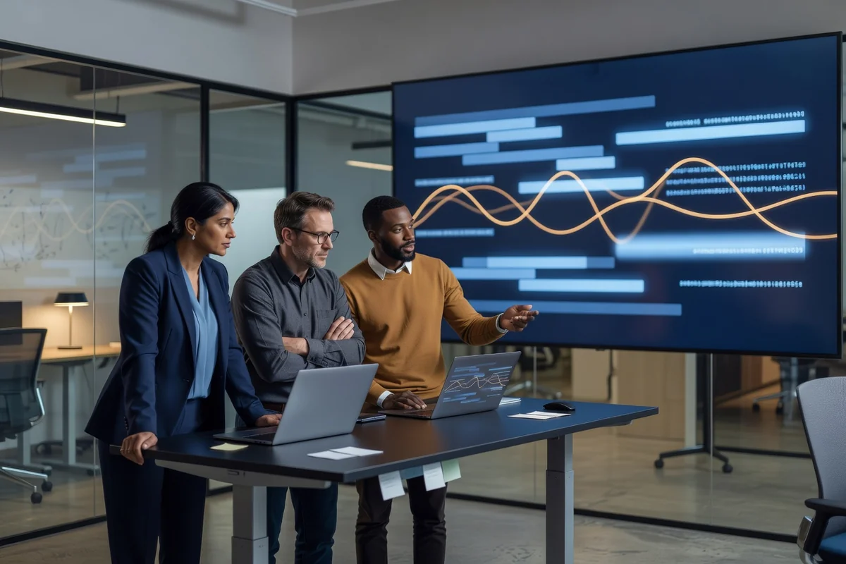 Équipe de développement supervisant un déploiement conteneurisé avec tableaux de bord de monitoring en salle serveur moderne