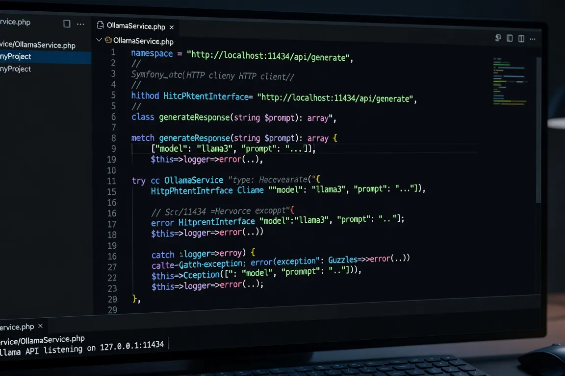 Code PHP montrant l'intégration d'Ollama dans un service Symfony via l'API REST locale port 11434