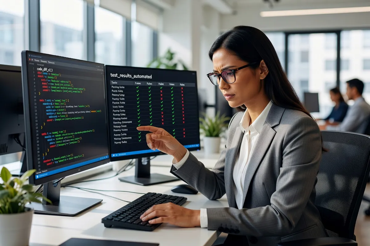 Ingénieure logicielle comparant des modifications de code PHP et les résultats de tests sur deux moniteurs