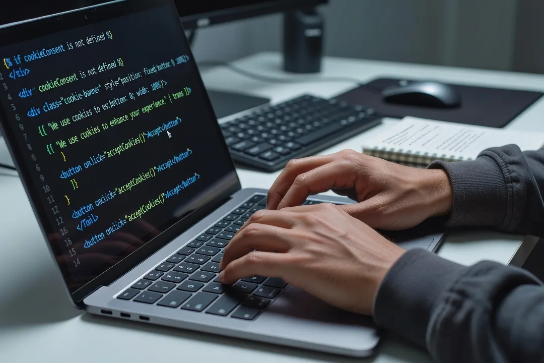 Développeur configurant un bandeau de consentement cookies conforme RGPD sur une interface web, écran de code visible