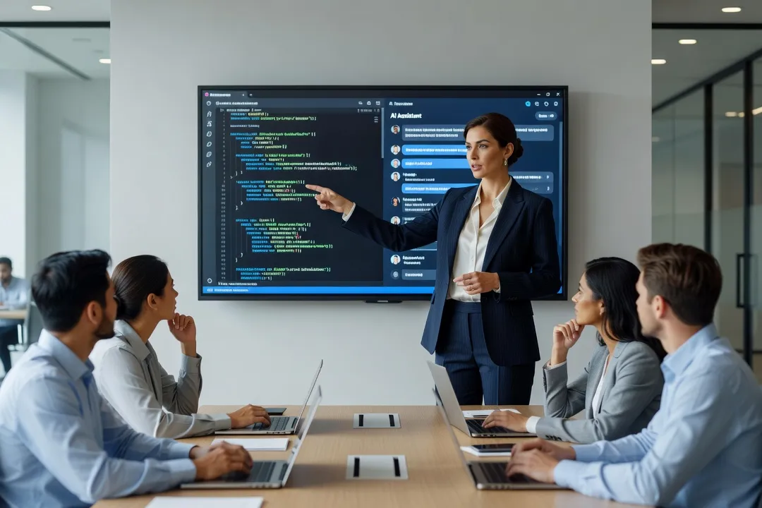 Formatrice présentant un assistant IA de code à une équipe de développeurs autour d'un écran dans une salle de réunion