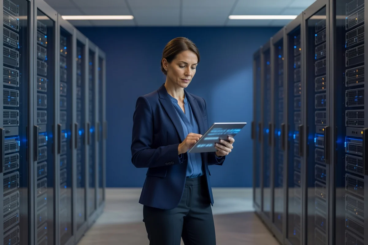 Ingénieure DevOps examinant des métriques de performance PHP sur plusieurs écrans de monitoring dans une salle serveurs