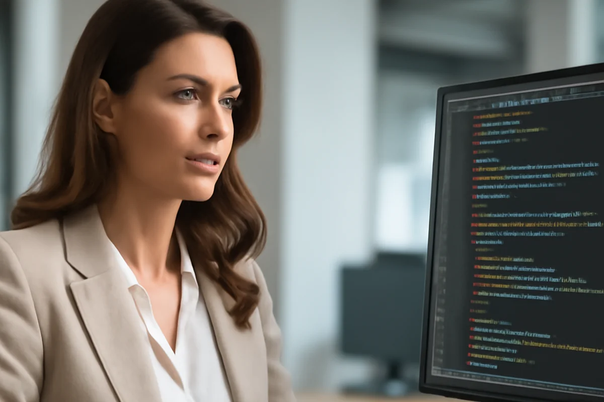 Développeuse PHP analysant les nouveautés de PHP 8.5 sur un écran affichant du code avec l'opérateur pipe